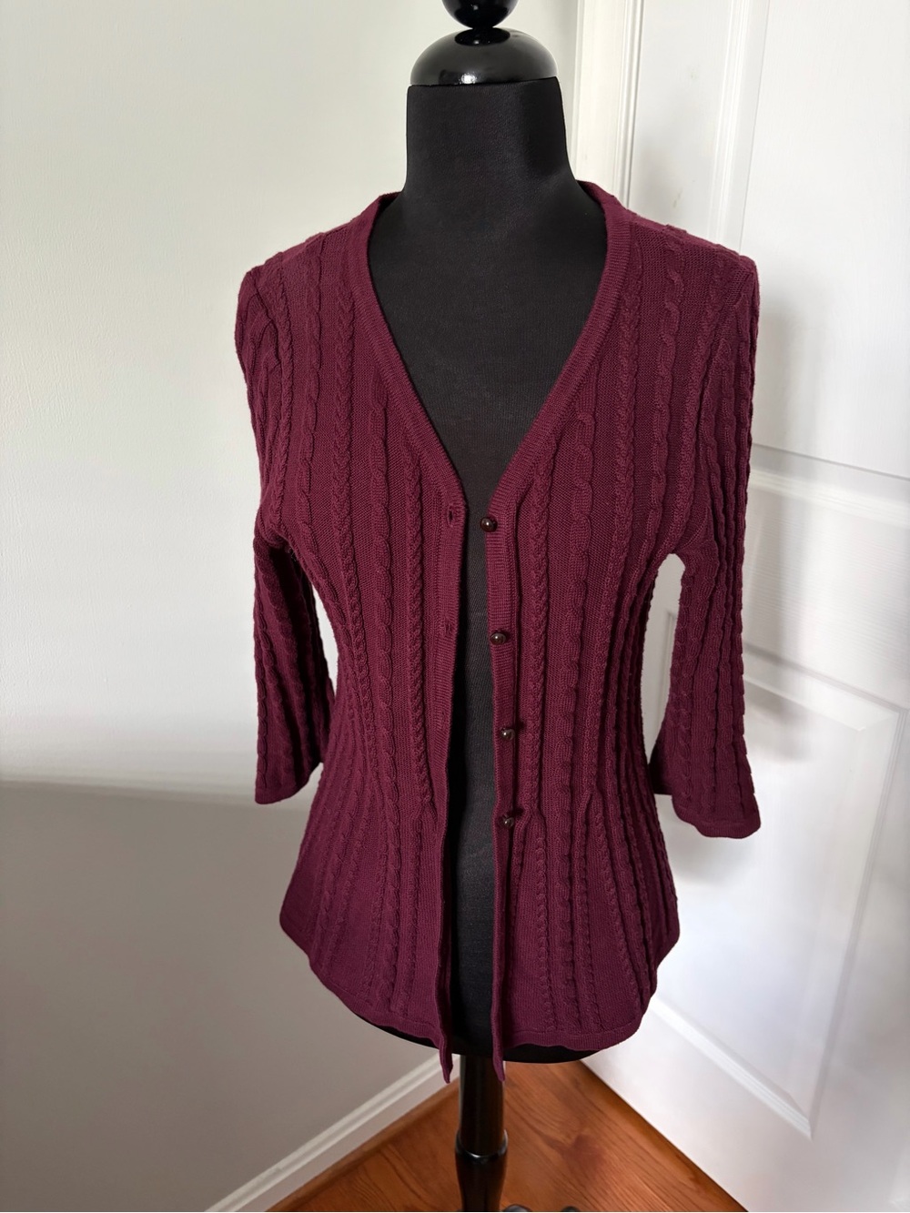 Christopher and Banks, Cranberry, Cotton, Cabled, L/S, Buttons, Sweater, Sz P/M
